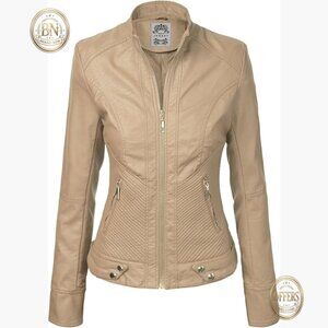 Faux Leather Zip Up Moto Biker Jacket with Stitching Detail